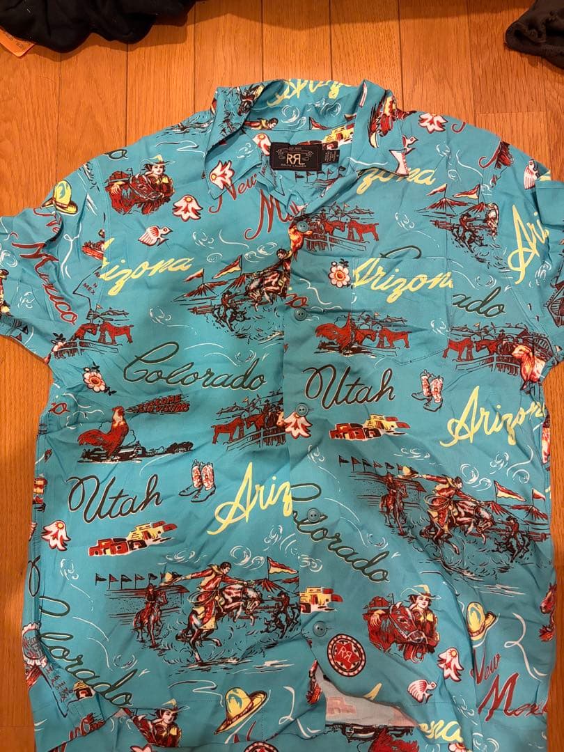 コ*ー様 RRL レーヨンシャツ　半袖　M アロハシャツ　カウボーイプリント