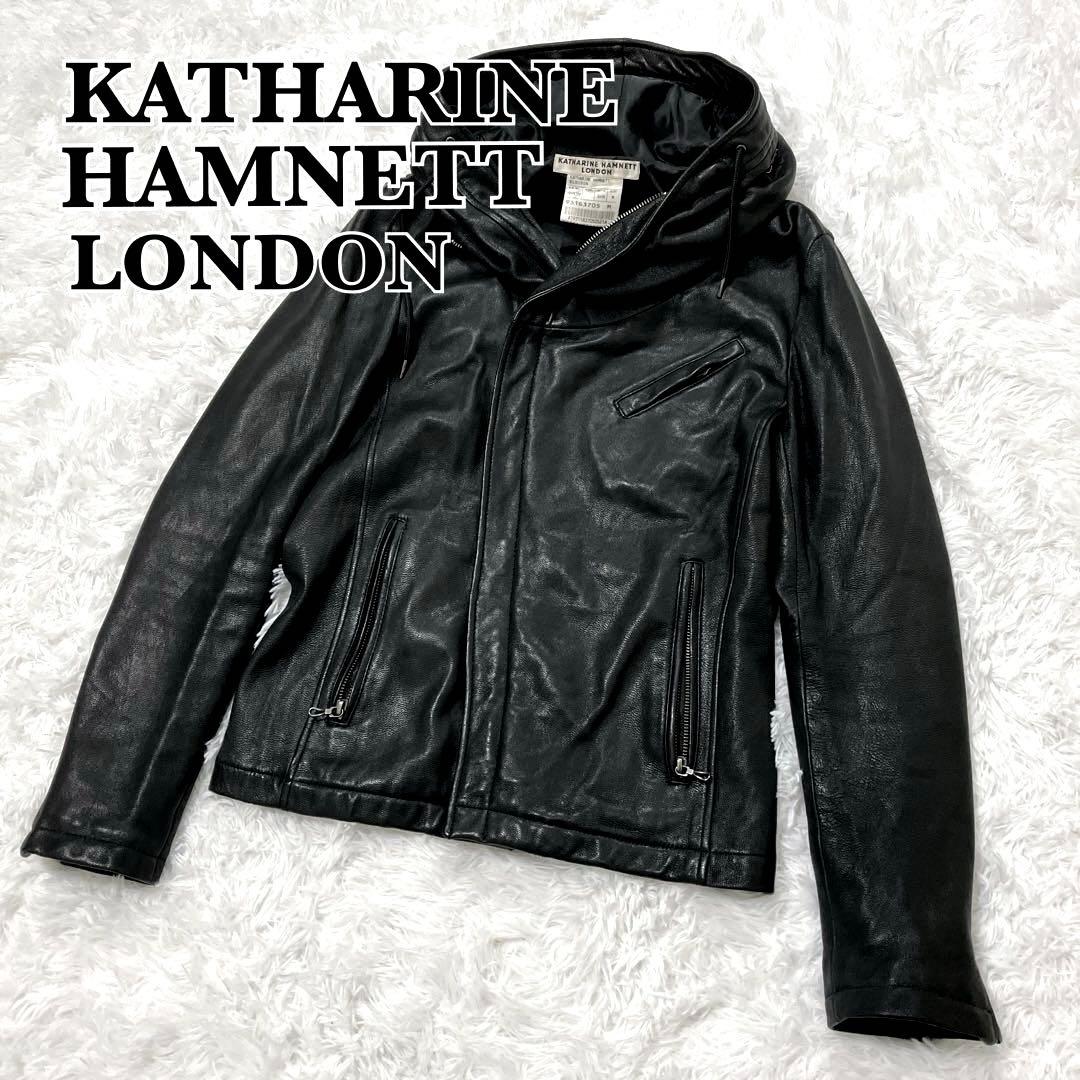 キャサリンハムネットロンドン　フーデッドライダースレザージャケット　M　山羊革