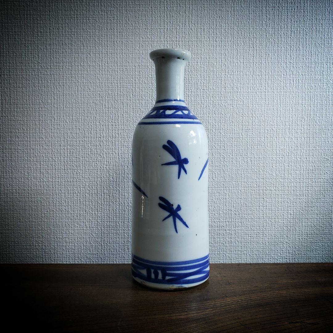 ★徳利　染付　トンボ　花器　花瓶　一輪挿し　草花　江戸幕末　出石焼 鮮やかな青◇一輪挿しに 伊万里 染付徳利 花瓶 インテリア 古民家 花器