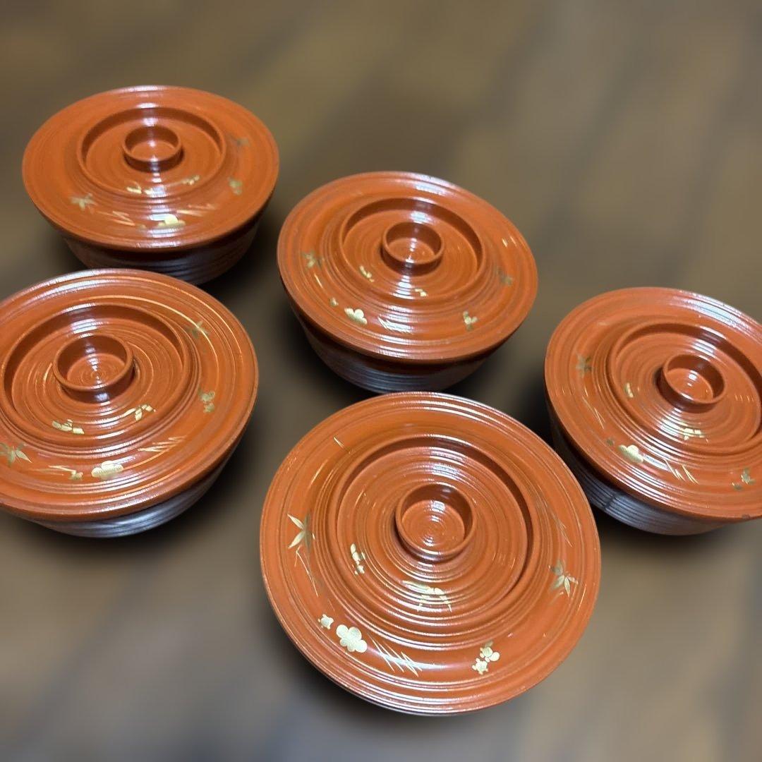 期間限定最終処分特価　逸品明治輪島の作品　蓋裏霊芝模様汁物椀煮物椀五客セット上品