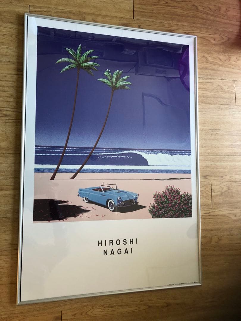 額付き永井博ポスター　91.5×61.5cm超特大サイズ K-1サイズポスター永井博「BLUE CAR AND THE BEACH」[特製ミラーコート
