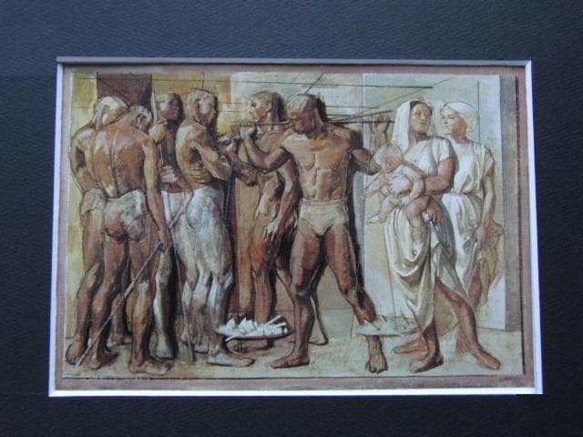 小磯良平、【働く人と家族】、希少な大判額装用画集より、美品、新品額装付