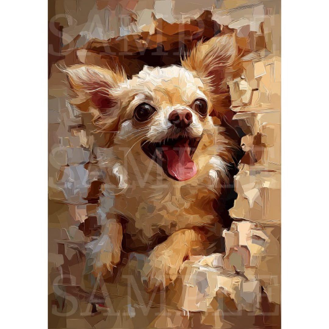 S055 壁から飛び出すチワワ A4サイズ オリジナルアート 犬 絵画 - メルカリ