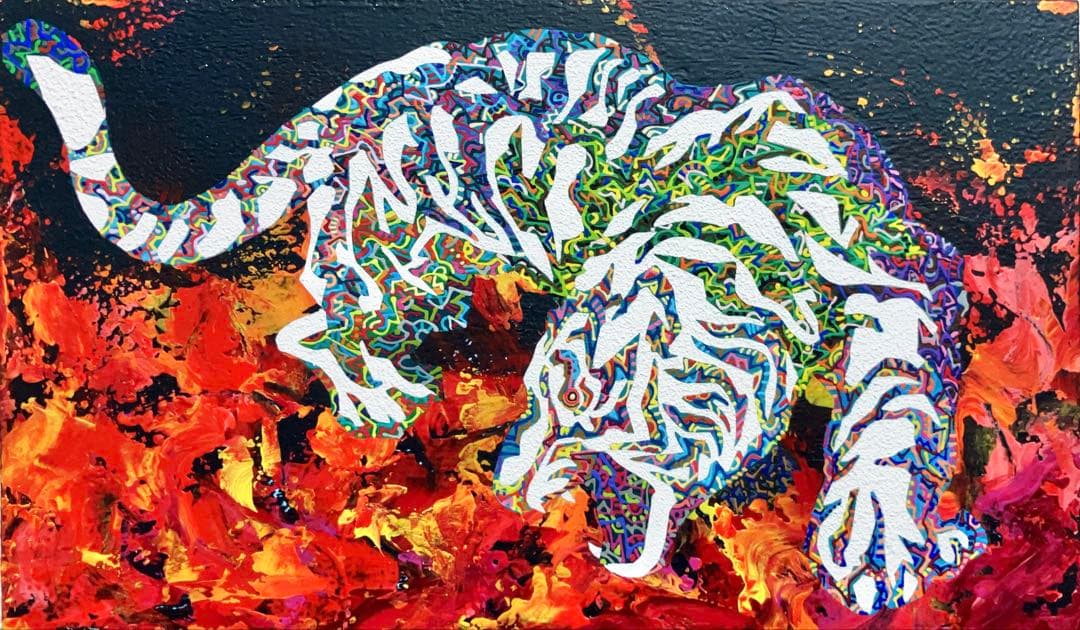 原画　虎　動物画　絵画　アクリル画　現代アート　細密画　手描き　一点物