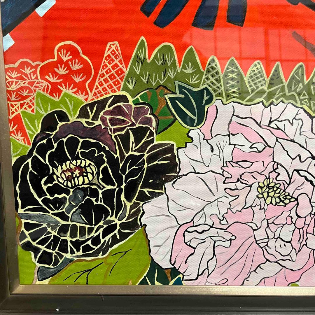 F8号】 片岡球子「富士に牡丹」油彩 肉筆画 作者サイン有