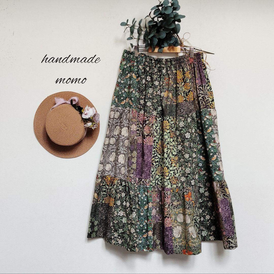 handmadeウィリアムモリス生地パッチワーク ティアードスカートfree　A