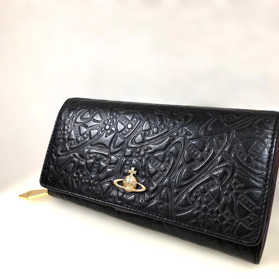【人気】VivienneWestwood⭐️ブラック オーブ型押し長財布　金ロゴ付