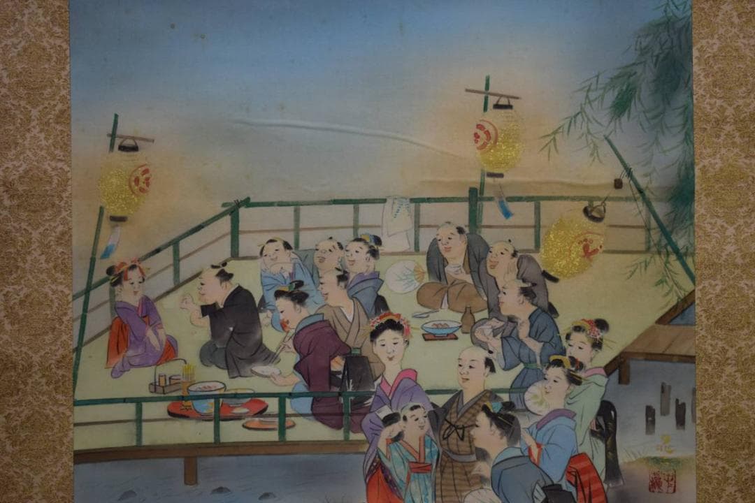 真作/中曽根晁二/晁子/四条河原之夕涼図/桐共箱二重箱付/布袋屋掛軸HD-885