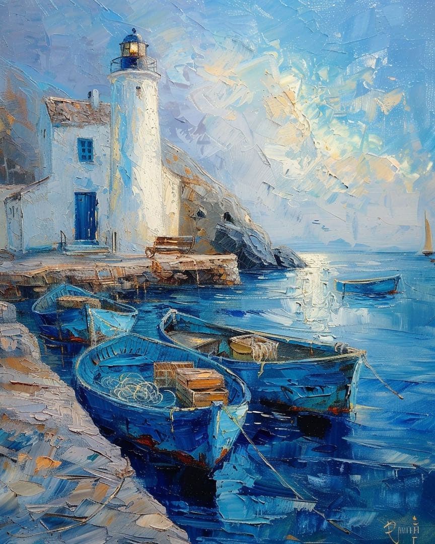 無料額縁付】『蒼海の灯台と静かな港』ヨーロッパ海辺風景 A4光沢紙