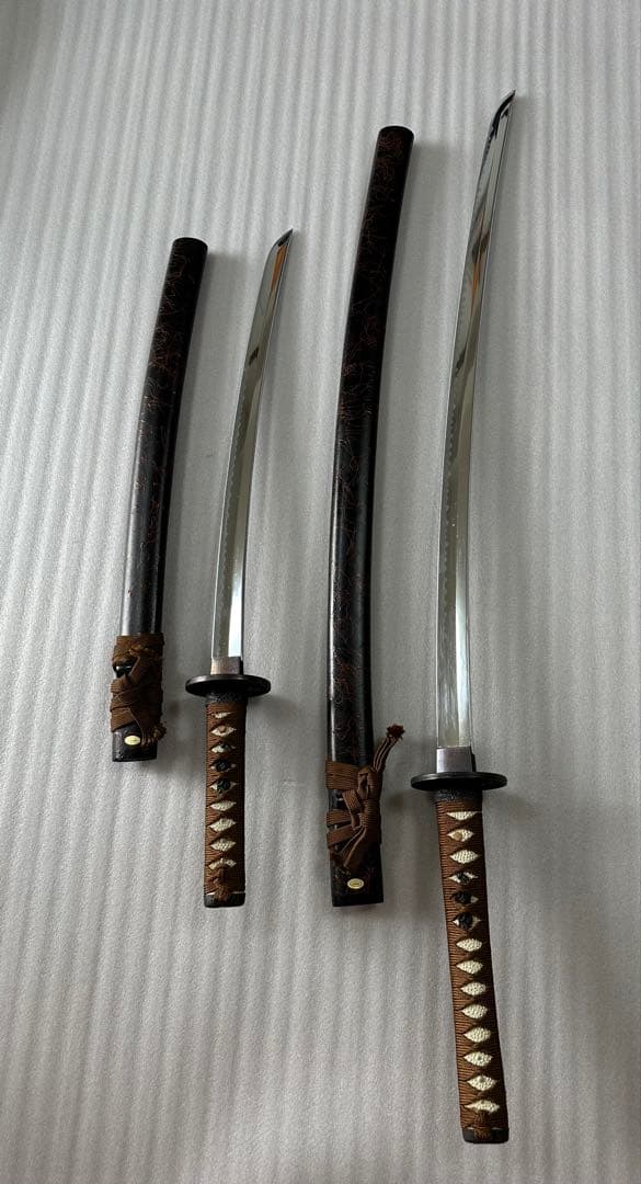 模造刀 打刀 脇差 2点セット 黑茶鞘 鞘付き長さ約69/102cm 26A21