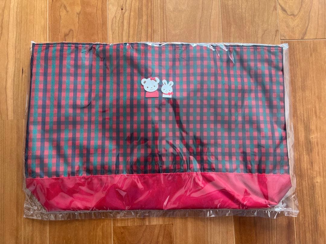 新品　ファミリア　バッグ　チェック　赤　レッスンバッグ ファミリア風 赤チェック×赤 持ち手切替 マチありレッスンバッグ