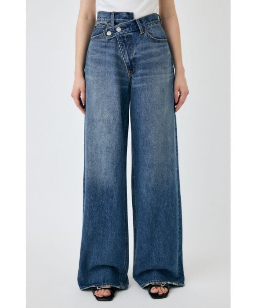 【新品】moussyCROSSWAIST ワイド ストレートデニム0ダークブルー