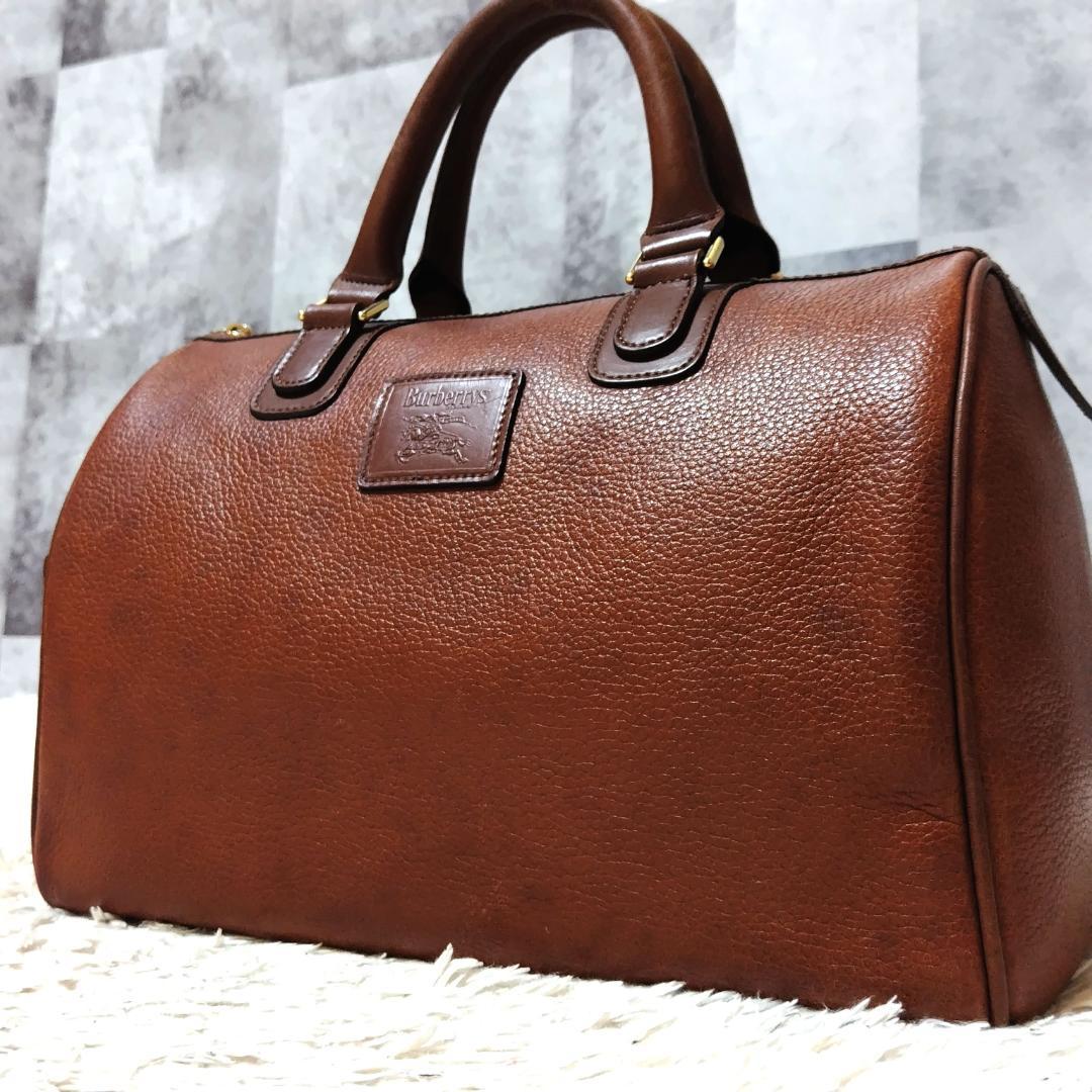 バーバリーズ ミニボストンバッグ レザー ブラウン シボ革 自立 希少 レザー