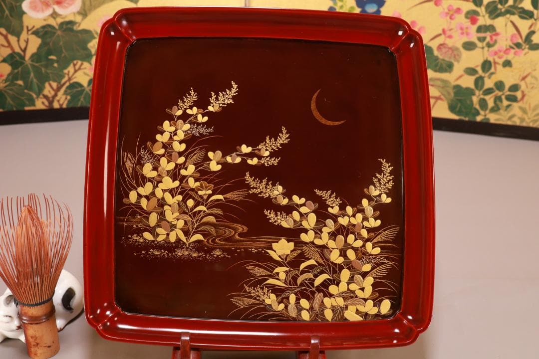 BJ062 木製漆器 萩野月蒔絵 吸物盆 吸物膳 十客 絵違い 図替わり