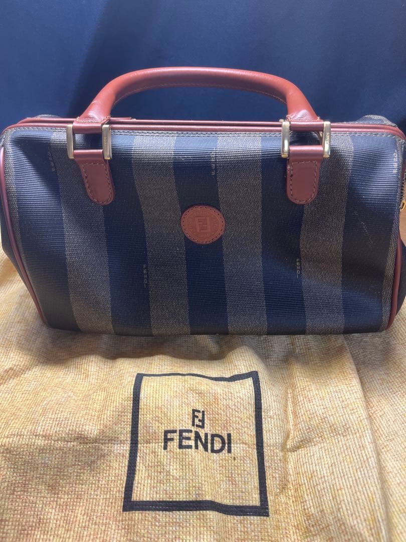 Fendi ボストンバッグ ネイビー ブラウン ストライプ