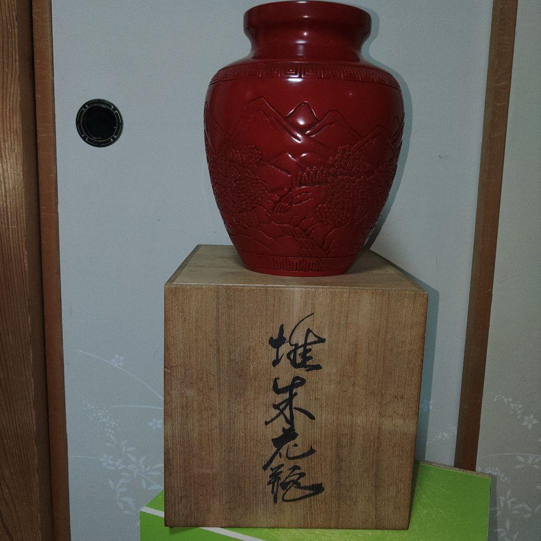 越後村上堆朱　山水図大花瓶　共箱付き Yahoo!オークション -「村上木彫堆朱」の落札相場・落札価格
