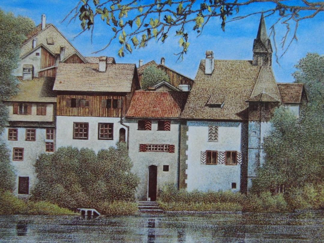 桑島春彦、水辺の春、希少画集画、新品高級額・額装付、状態良好