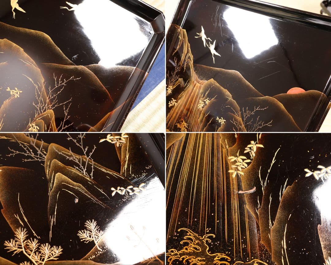 漆芸 山水松竹梅 蝋色塗硯蓋形座附膳 十客 金蒔絵 四方膳 蓬莱鶴亀