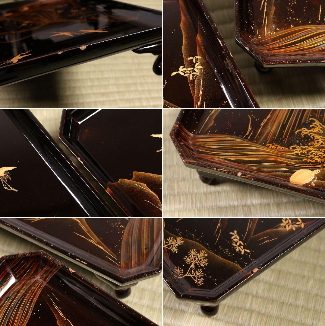 漆芸 山水松竹梅 蝋色塗硯蓋形座附膳 十客 金蒔絵 四方膳 蓬莱鶴亀
