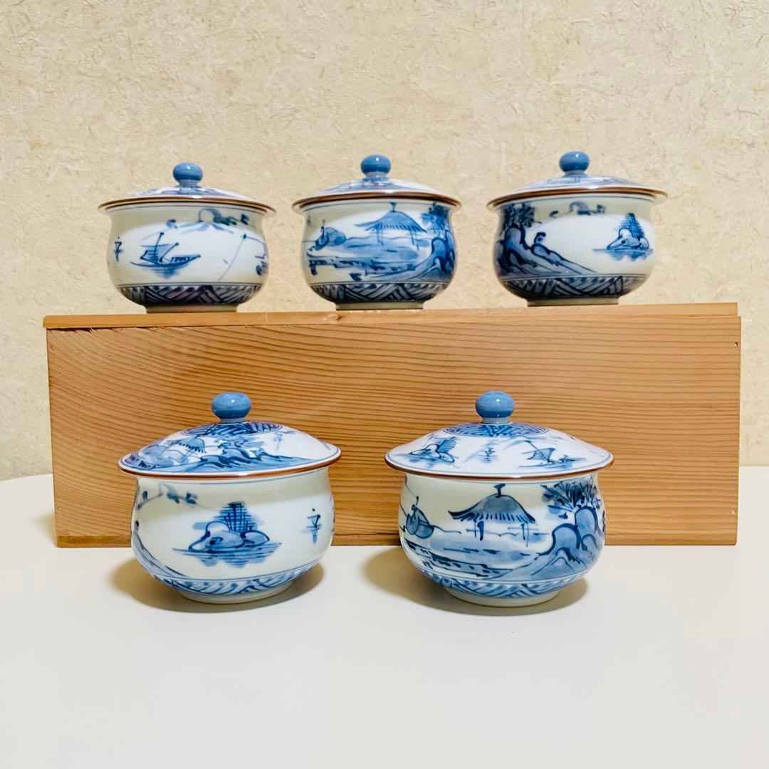 未使用】染付 地紋山水 蓋付湯呑 5客揃 木箱入り 作家銘「清秀