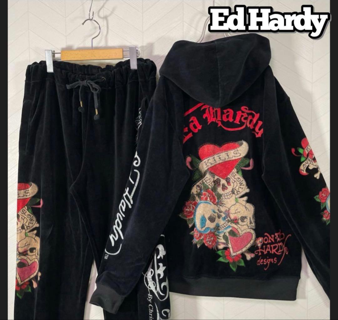 希少 エドハーディー ベロア セットアップ パーカー パンツ ライン