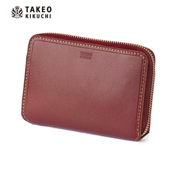 タケオキクチ 牛革 セミ長財布 ラウンドファスナー仕様 ボルドー