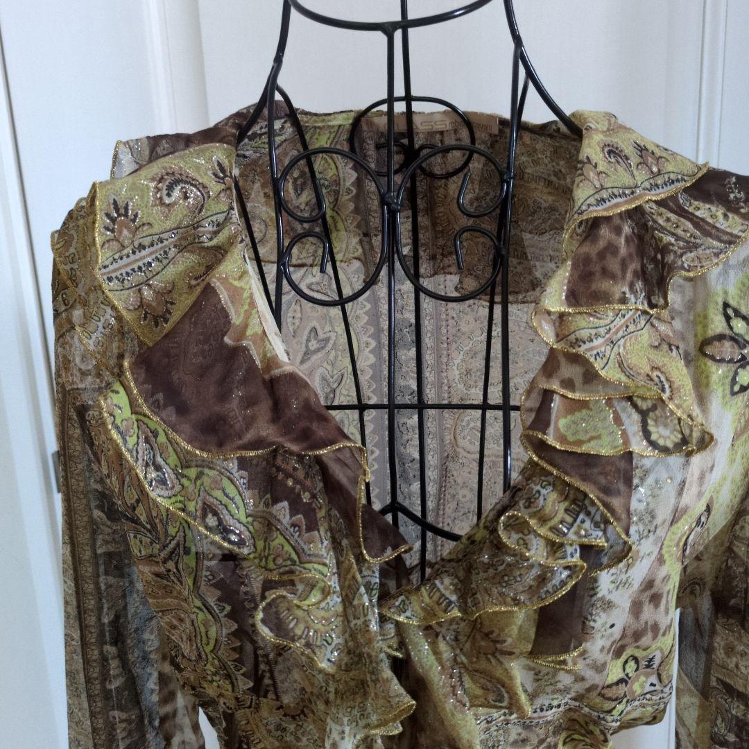 クラスロベルトカヴァリ　シルクシースルー長袖シャツ フリル付き ブラウン系