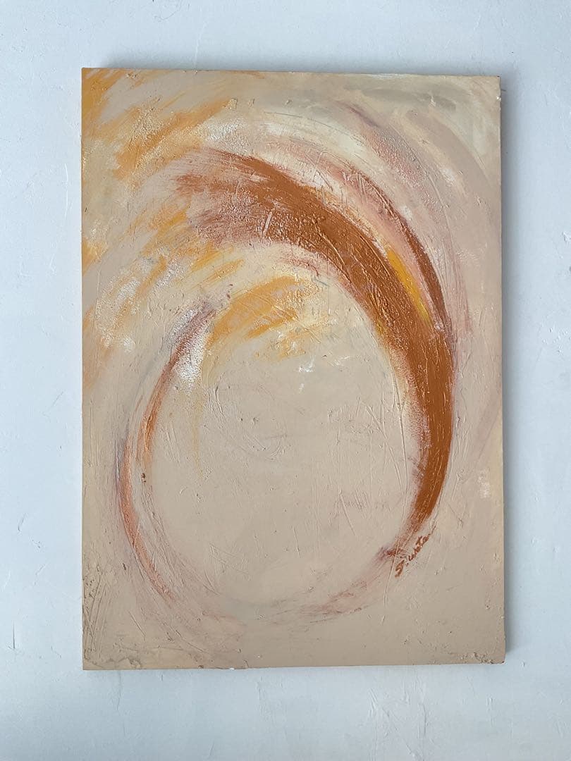 木製ベニヤパネルに描いたオリジナル抽象画オーバルシリーズ ベージュ系×ゴールド