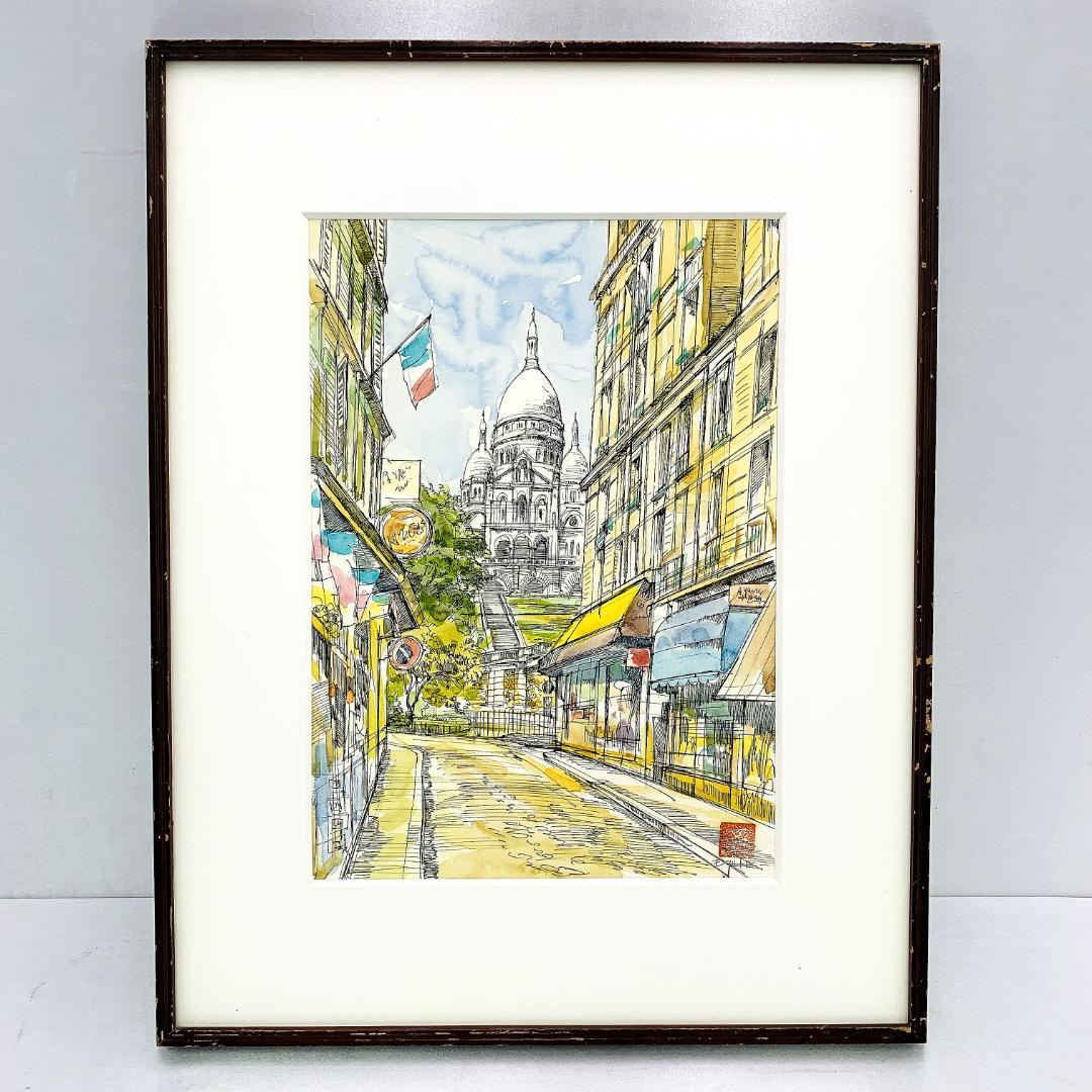 真作保証 長嶋玄文『モンマルトル』水彩・ペン画 直筆サイン入 R8SD19