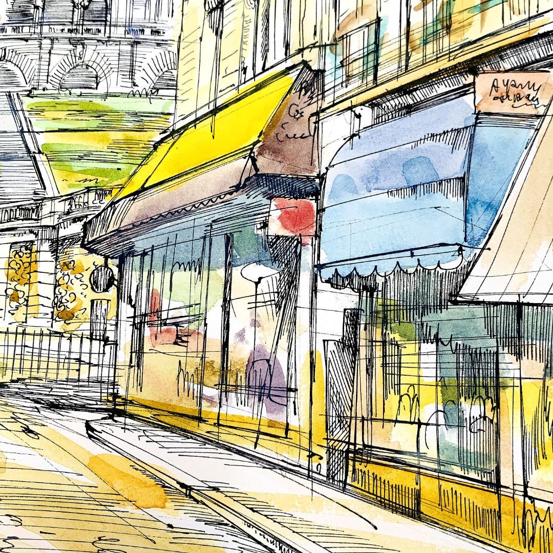 真作保証 長嶋玄文『モンマルトル』水彩・ペン画 直筆サイン入 R8SD19