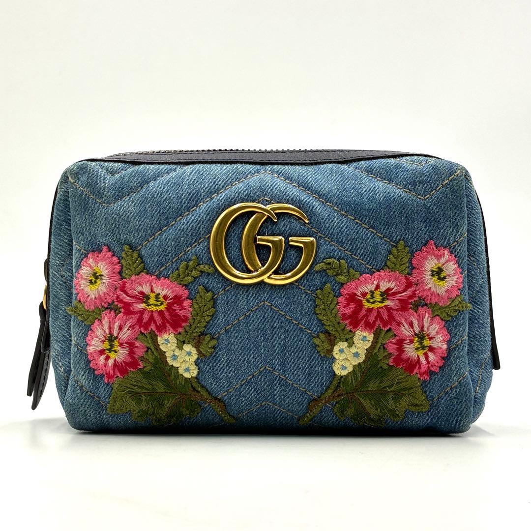 極美品 グッチ デニム GGマーモント フラワー ポーチ 小物入れ 476165