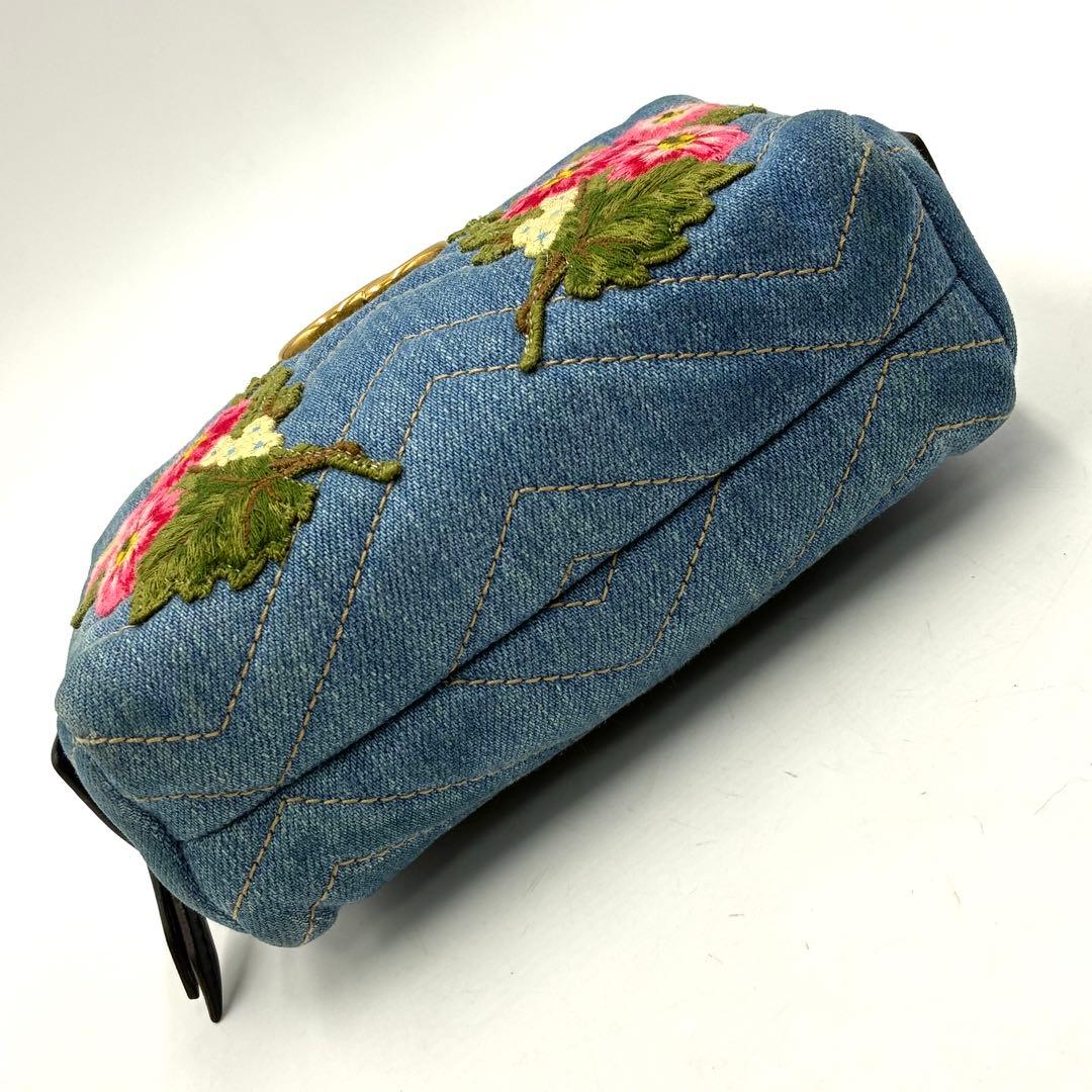 極美品 グッチ デニム GGマーモント フラワー ポーチ 小物入れ 476165