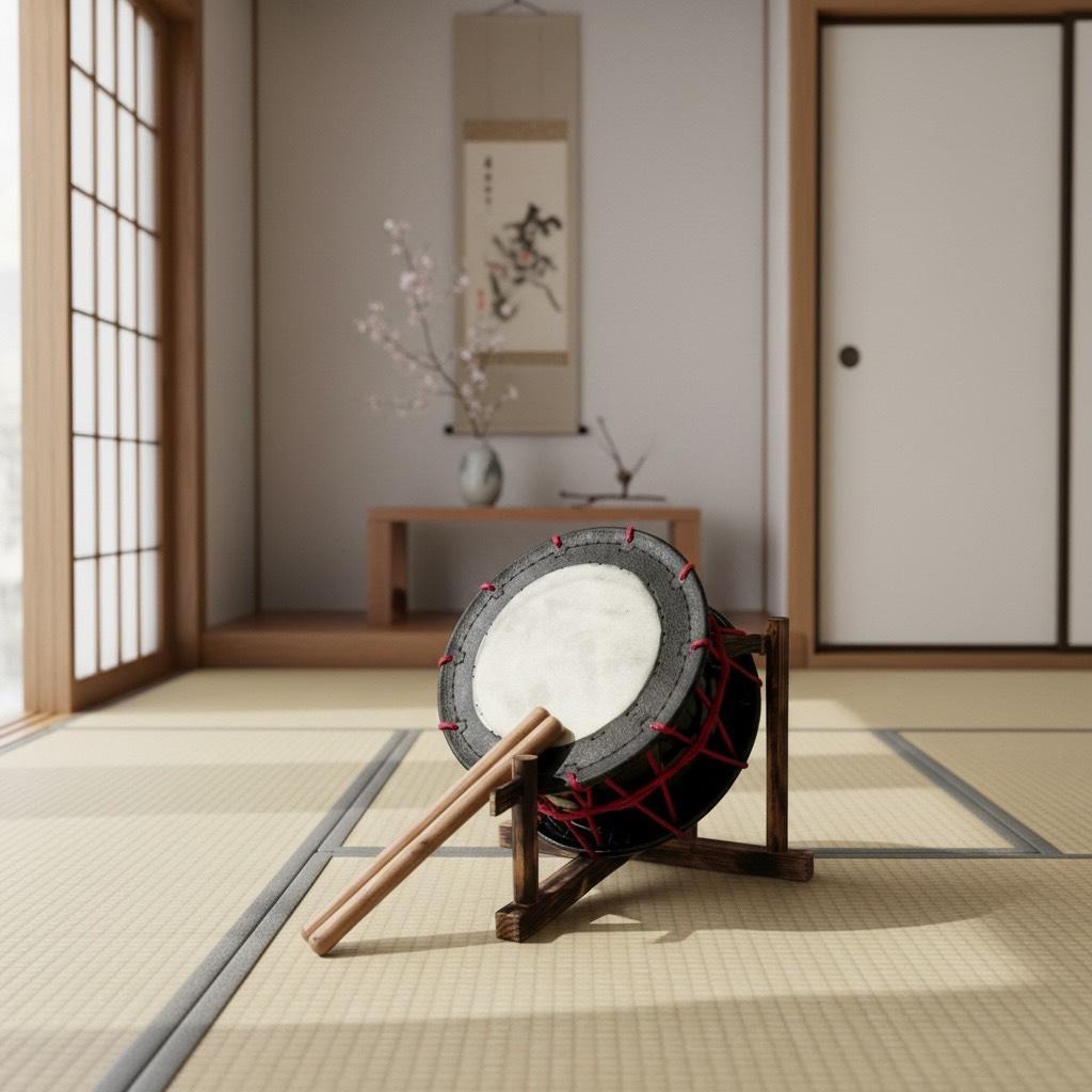 【新品】【蔵出し】締め太鼓 牛革 和太鼓 バチ付 台付 平太鼓 入門用