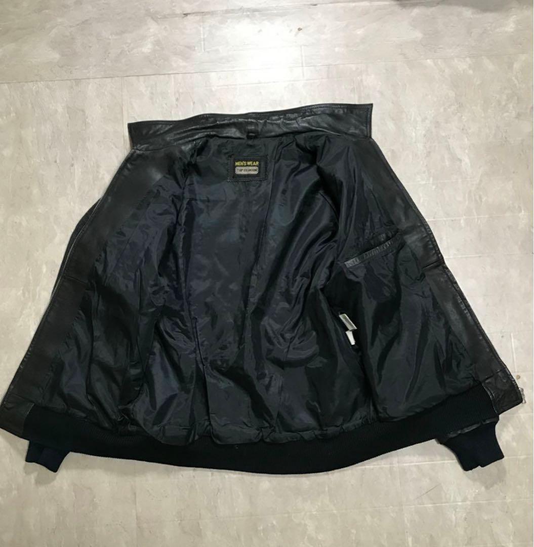 80s レザーボンバージャケット 本革 短丈 ブラック 黒 ノームコア 無地 春