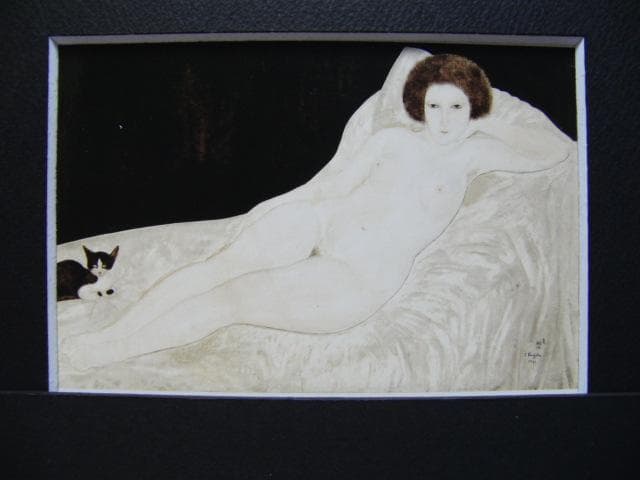 藤田嗣治、【横たわる裸婦と猫】、希少な画集より、新品高級額・額装付