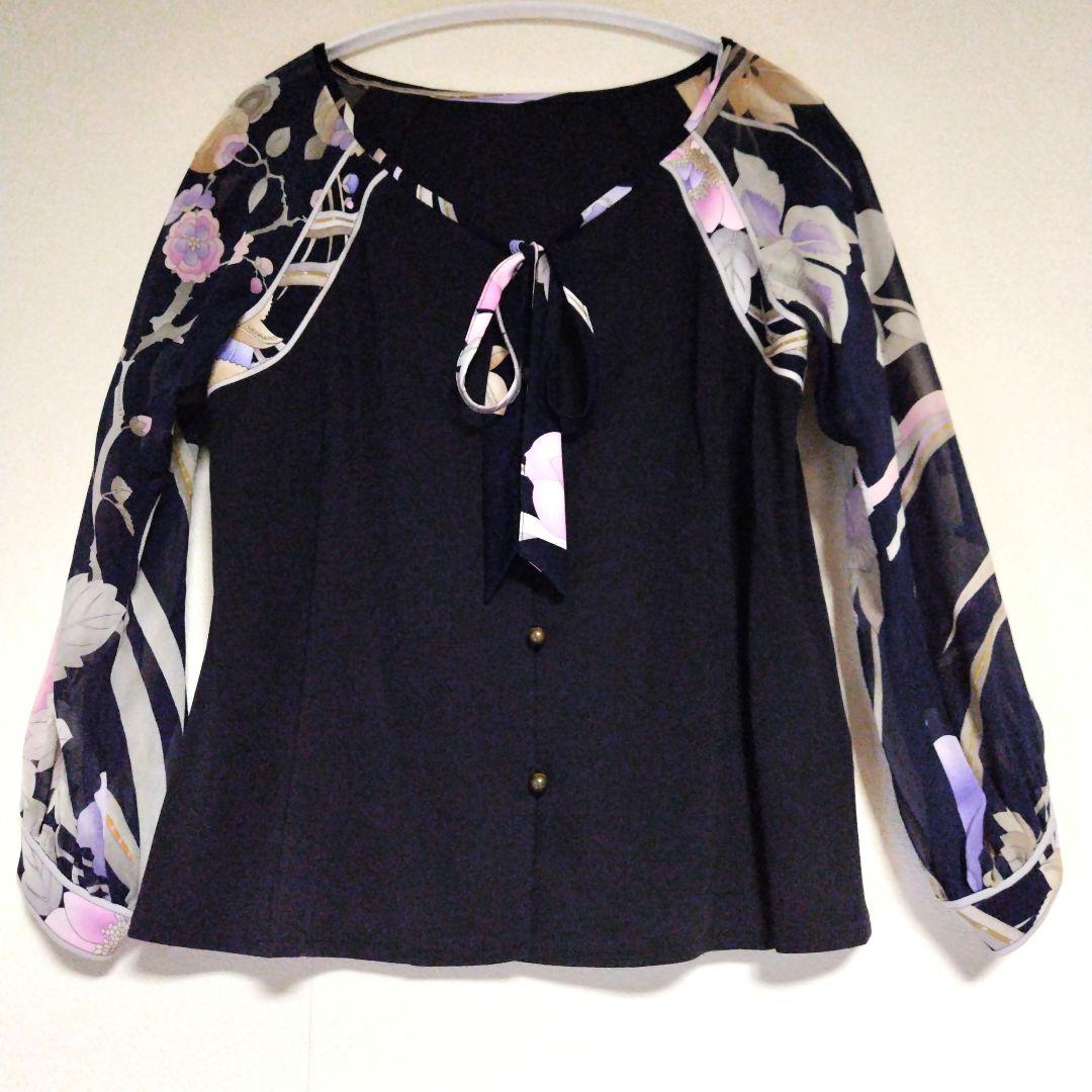 美品　LEOPARD レオナール袖シースルーブラウス　紺　L