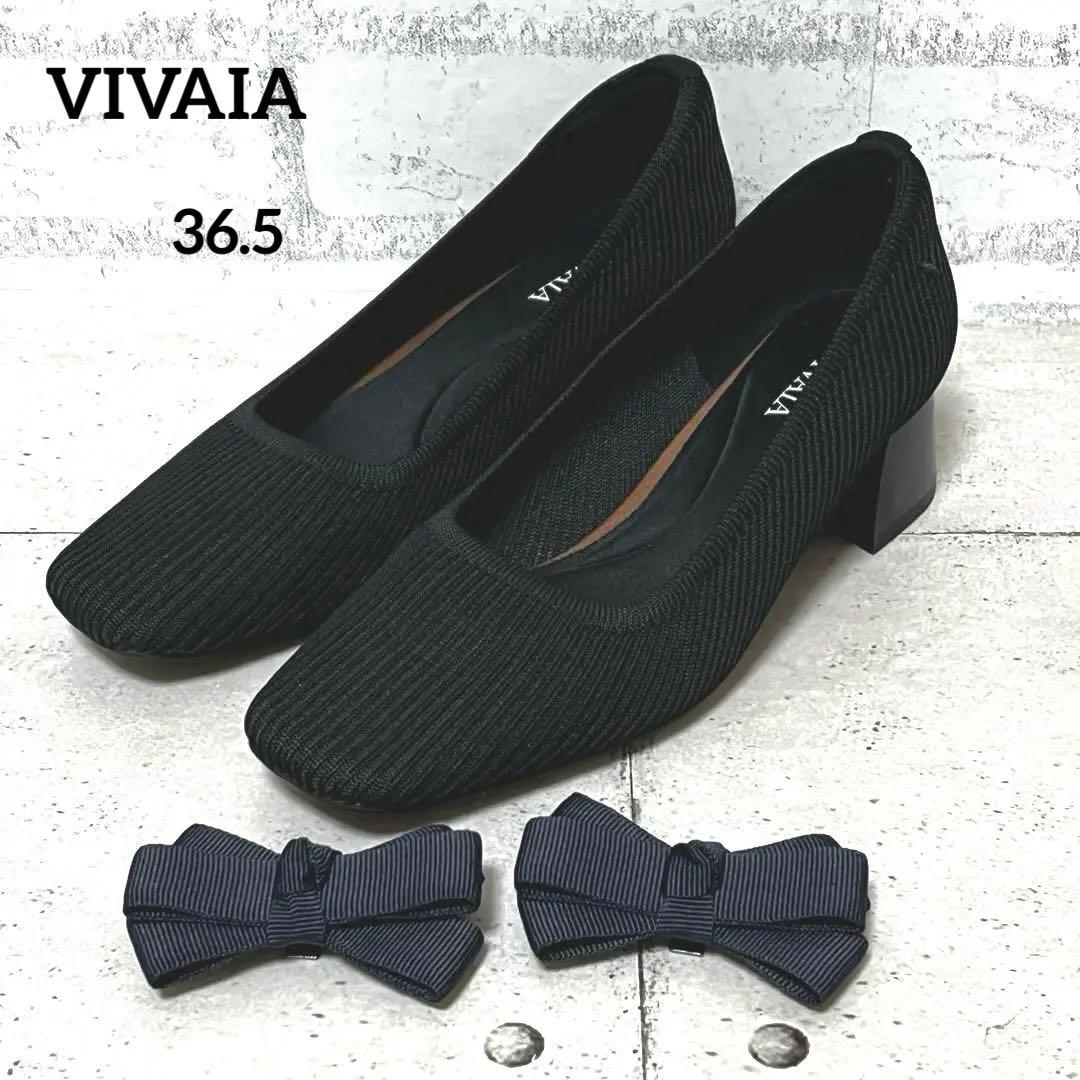 極美品【ヴィヴァイア】スクエアトゥ チャンキーヒール リボン♡ブラック 36.5