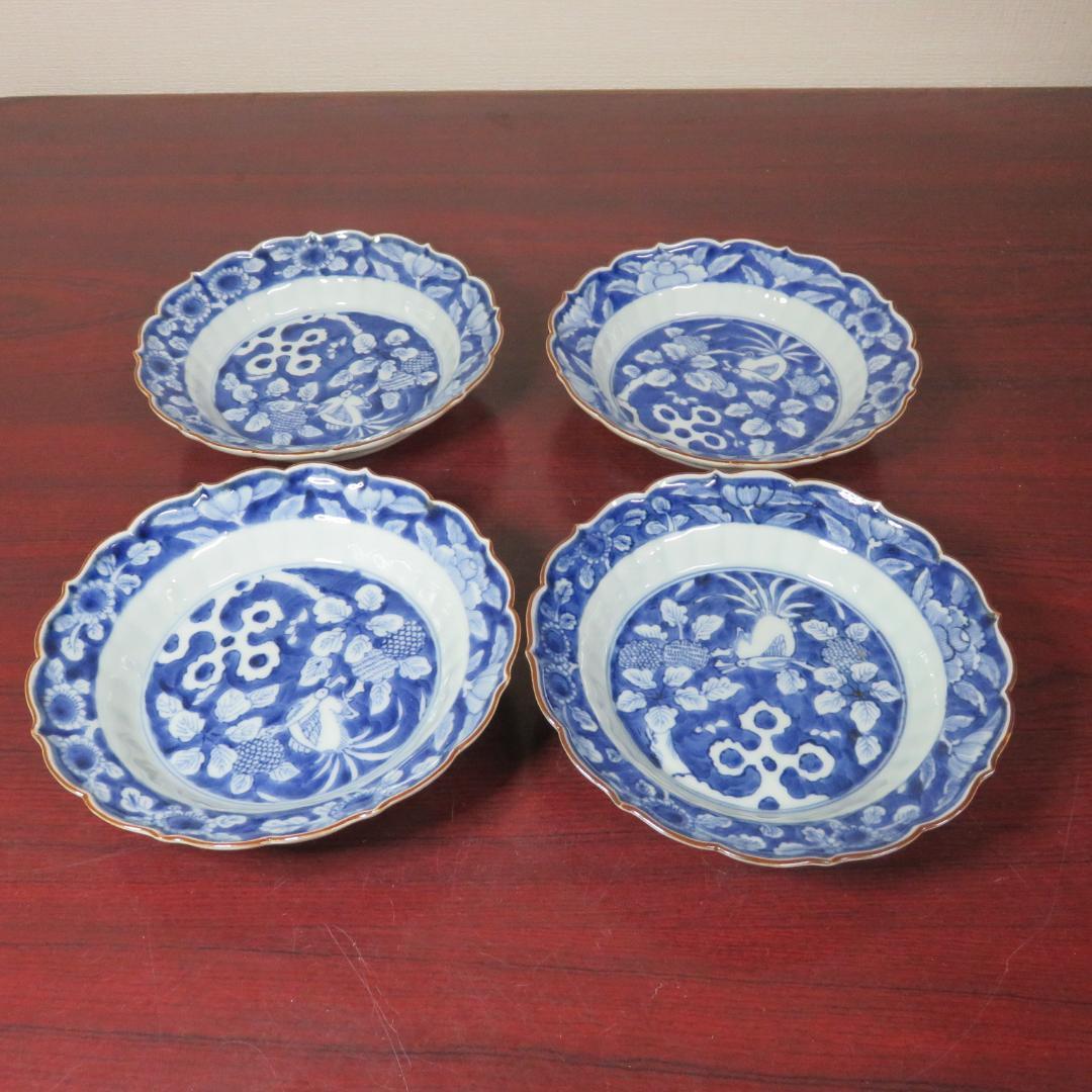 中皿 4枚 鳥 花 染付 古伊万里 上手物 明治