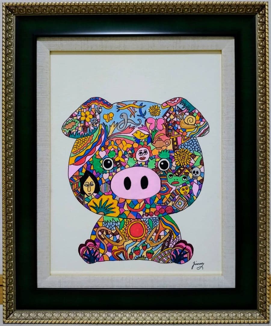 【F6号】ジミー大西【Pig】手描き作品/表裏サイン/油彩/アクリル/絵画/額縁