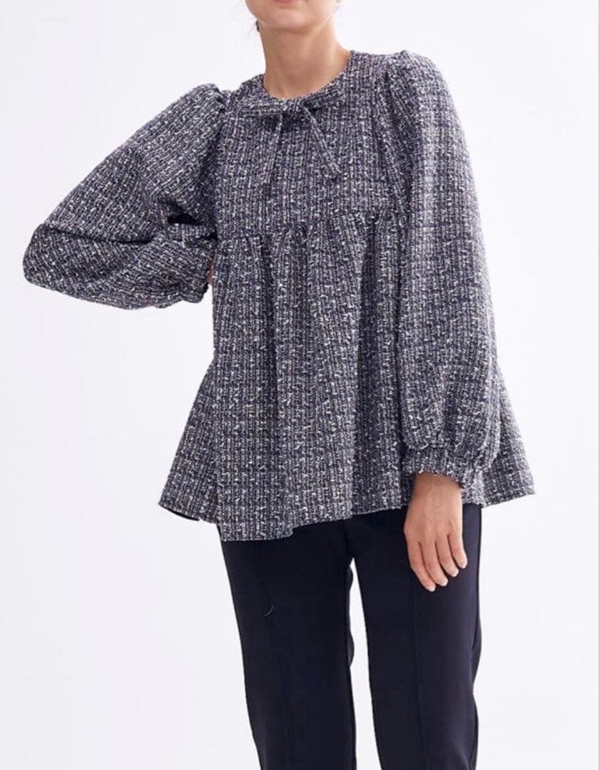 美品✨yori ヨリ リボンツイードブラウス ネイビー 38 日本製 完売品