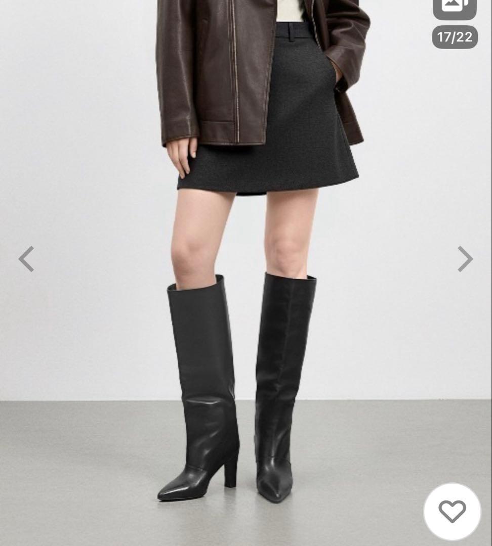 美脚ブーツ　ブラック　ポインテッドトゥワイドシャフトロングブーツ