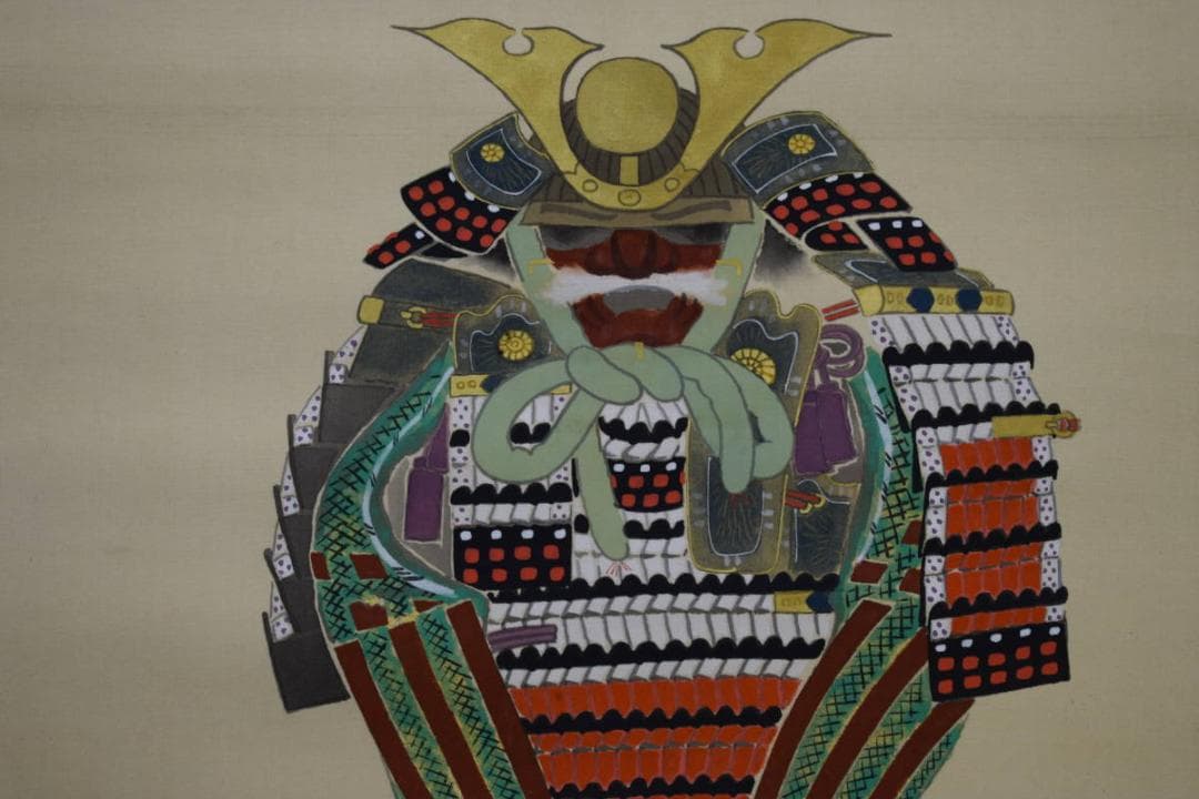 真作/栄一/ 具足図/甲冑図/桐共箱付/ 布袋屋掛軸HH-418