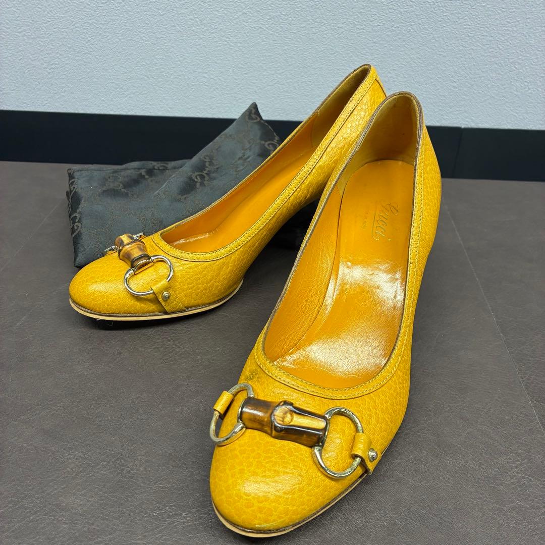 GUCCI／グッチ イエロー レザー パンプス バンブー