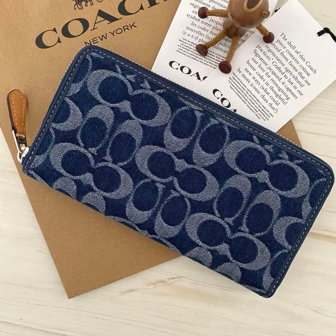 限定品！新品 COACH コーチ 長財布 デニム生地 デニムブルー COACH コーチ 長財布 財布 デニム生地 ネイビー インディゴ｜Yahoo