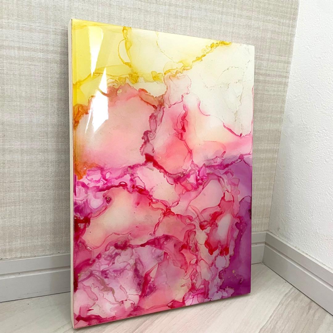 アルコールインクアート　ピンク　紫　黄色　レジン　パネル　木製　29.6×21 アルコールインクアート原画パネル『Spring』 | STUDIO 0
