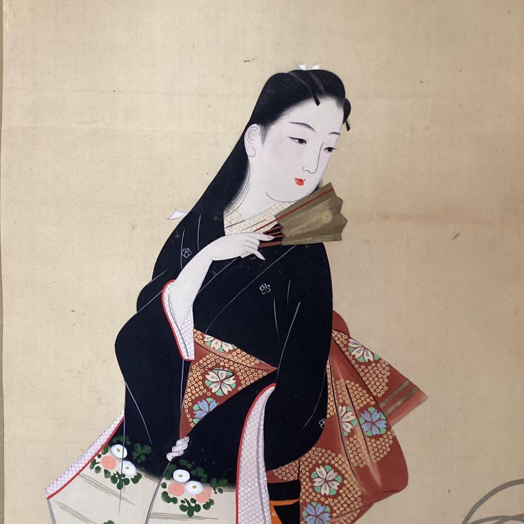 絹本着色画　【　月　下　美　人　之　図　】　玉泉筆　　桐箱　掛軸　一幅　297