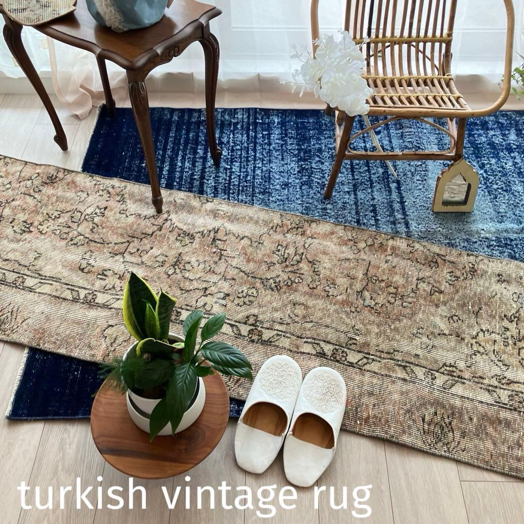 ペールベージュピンク58×189フラワーライン　ランナー　トルコヴィンテージラグ