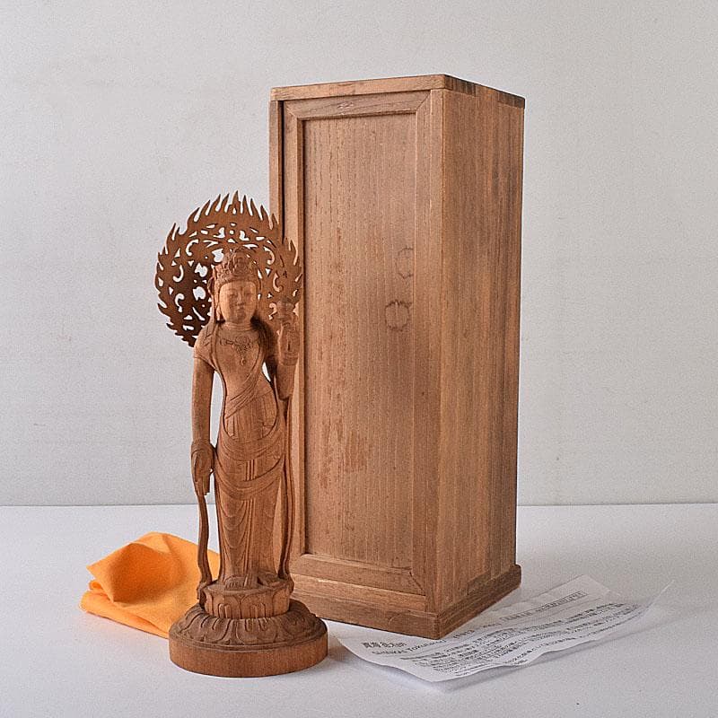 仏教美術　彫刻家　真海徳太郎作　木彫　観世音菩薩　仏像　置物　共箱　VR8302