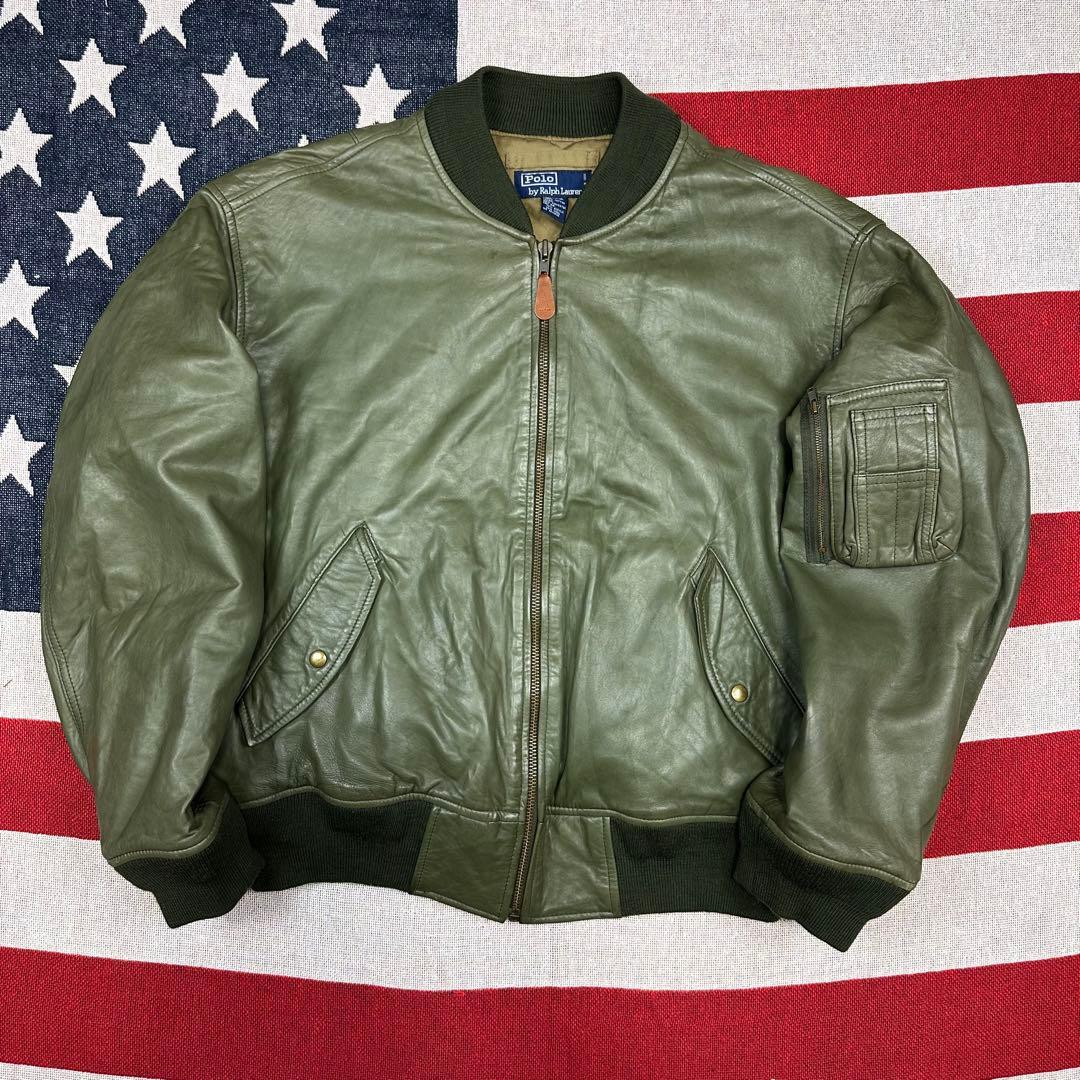 超スペシャル 90s MA1 ラルフローレン レザージャケット オリーブグリーン