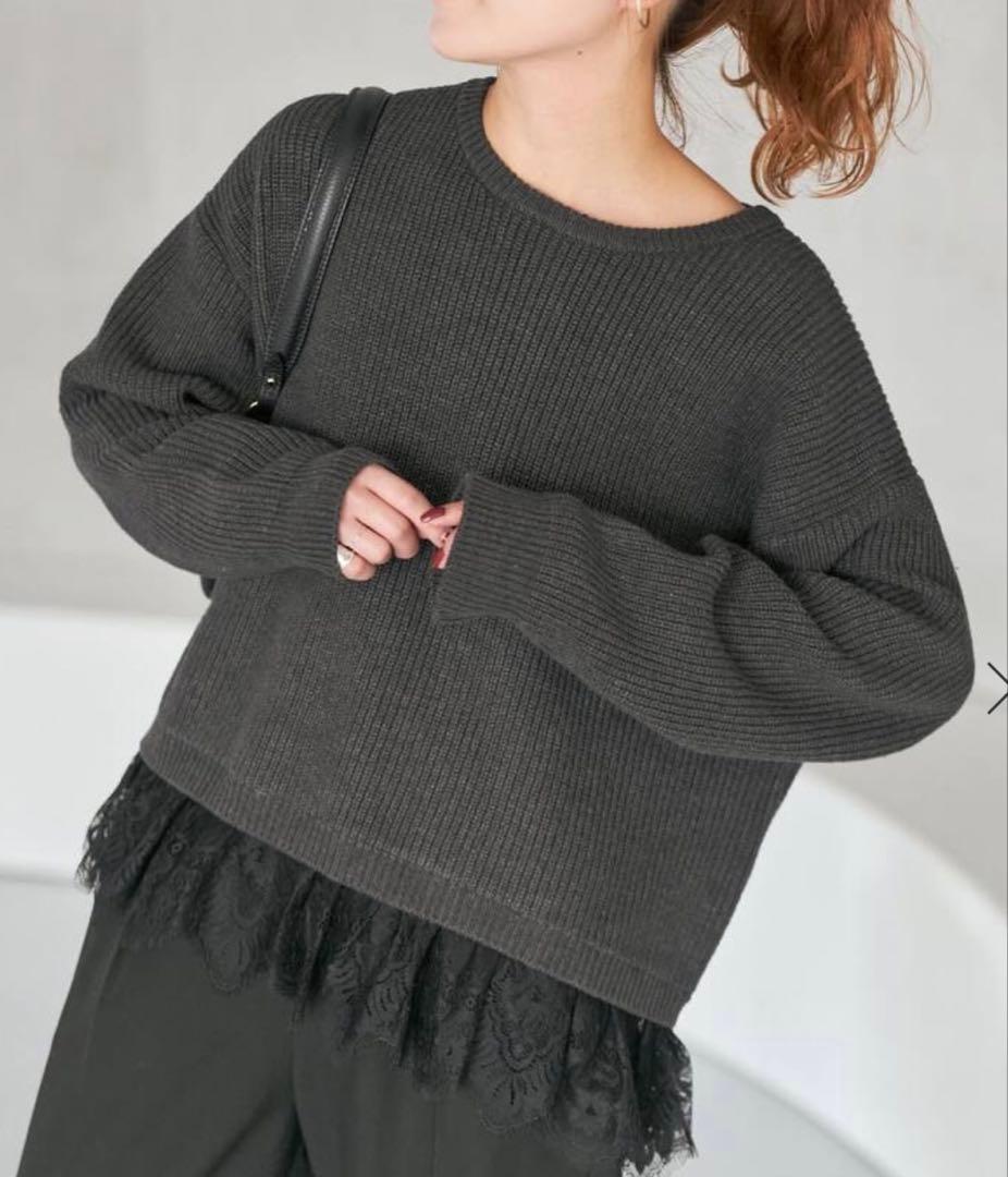 spick&span レースドッキング畦ニットプルオーバー